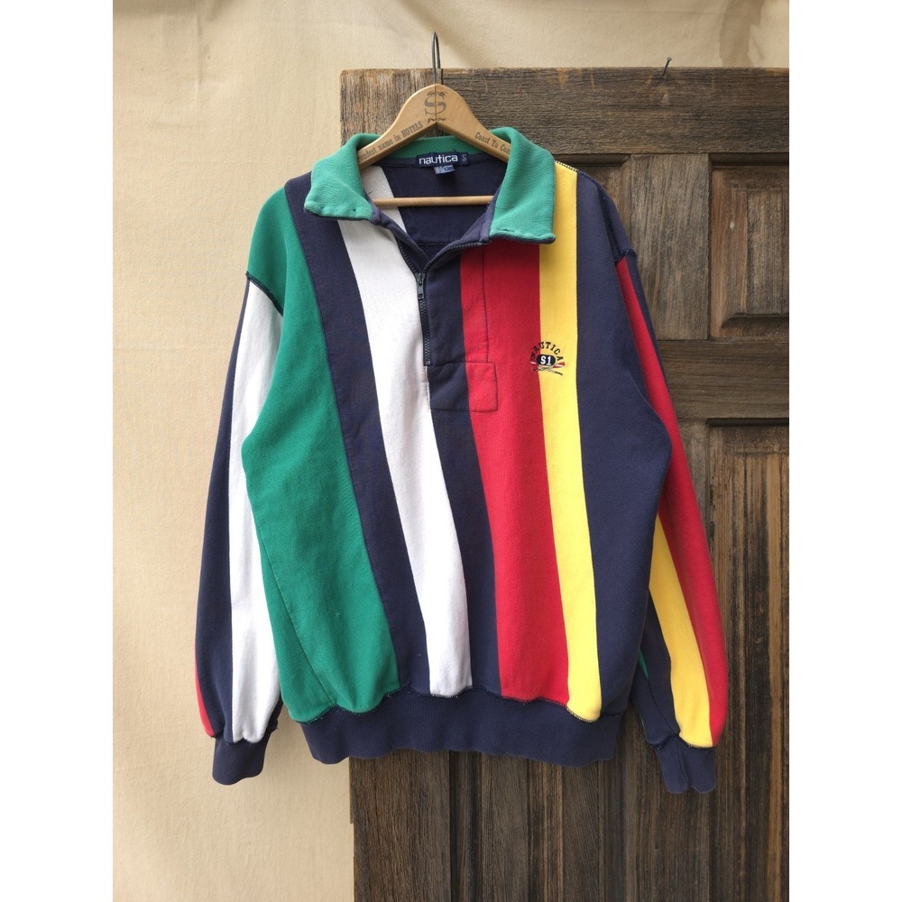 Vintage 90s Nautica Striped Cotton Collared Sweatshirt Men's XL